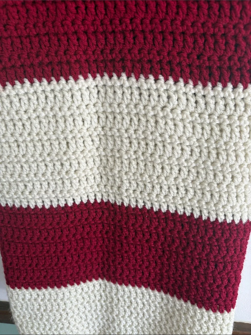 Handcrafted Cream & Burgundy Crochet Throw Blanket - Cozy Accent